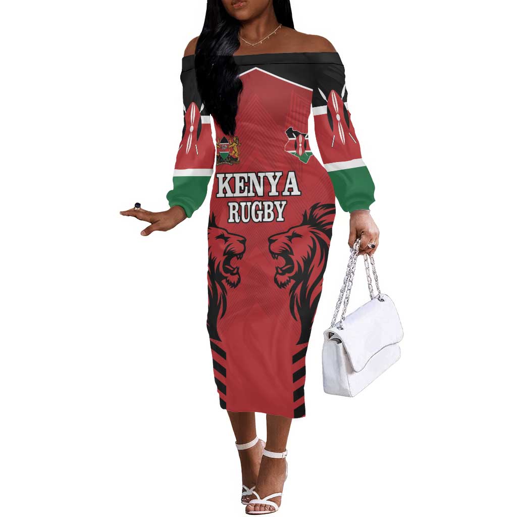 Custom Afro Kenya Rugby Off The Shoulder Long Sleeve Dress African Lion Head