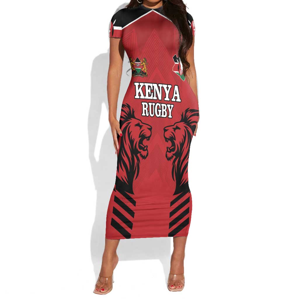 Custom Afro Kenya Rugby Short Sleeve Bodycon Dress African Lion Head