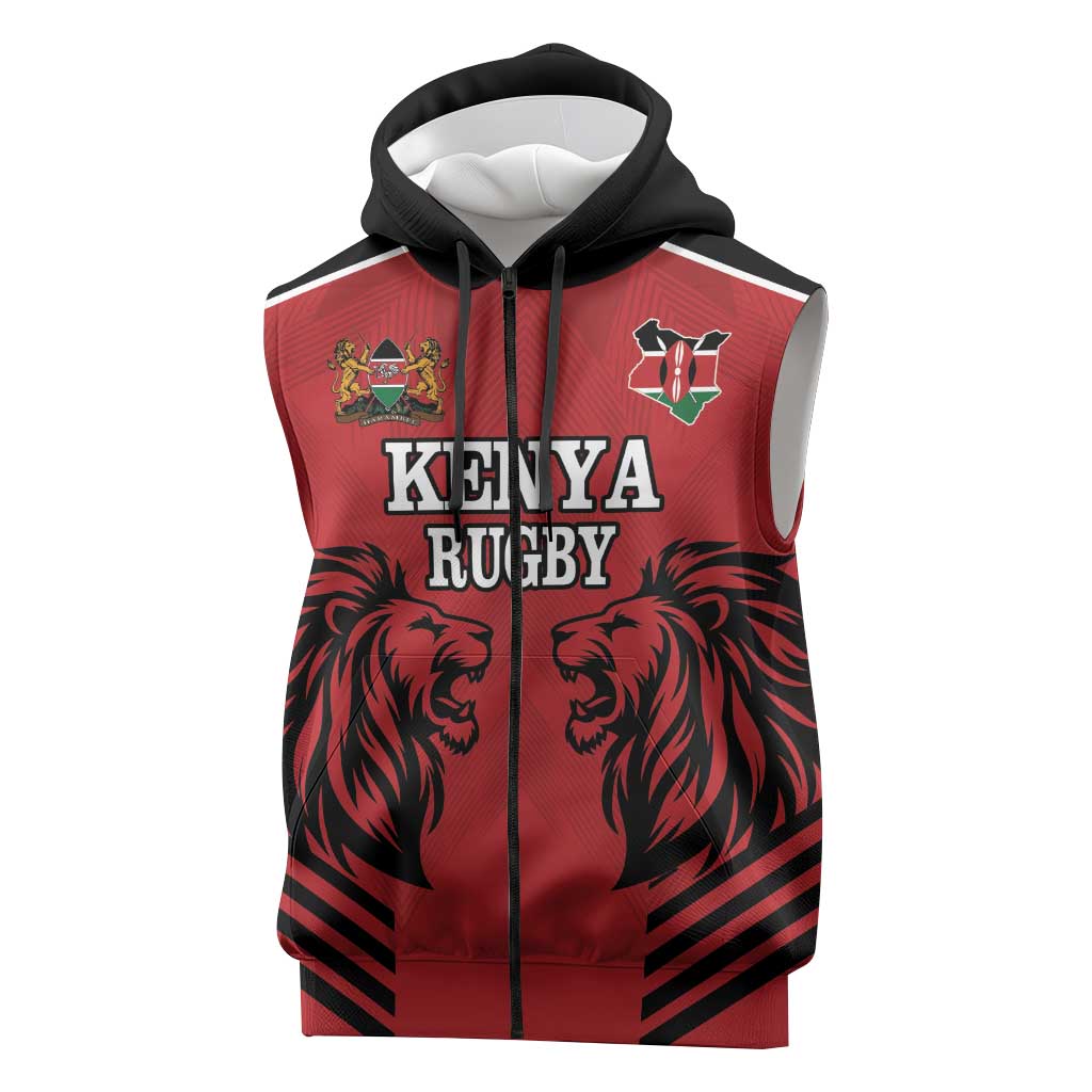 Custom Afro Kenya Rugby Sleeveless Zip Hoodie African Lion Head - African Pride