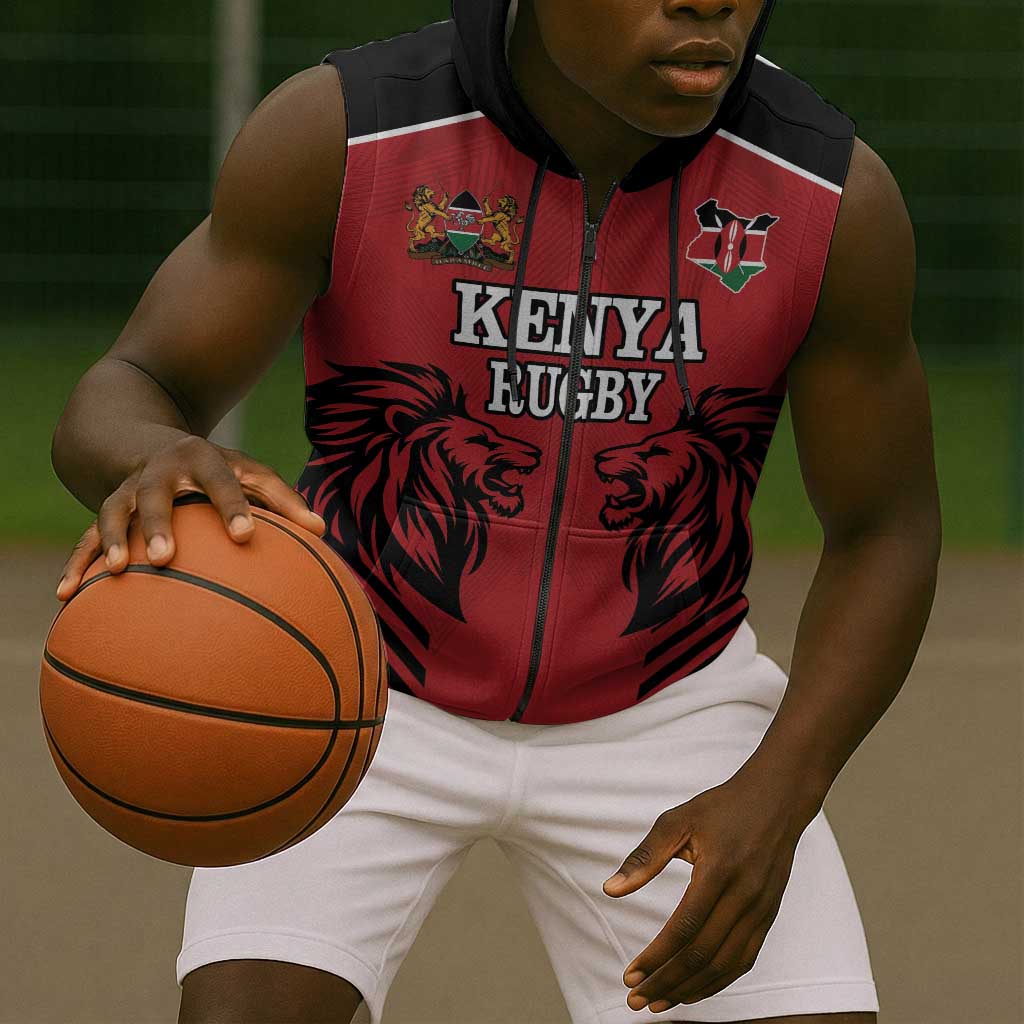 Custom Afro Kenya Rugby Sleeveless Zip Hoodie African Lion Head - African Pride