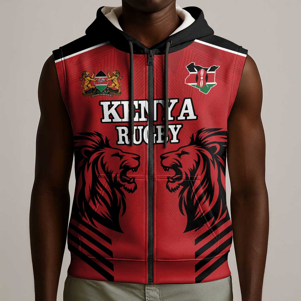 Custom Afro Kenya Rugby Sleeveless Zip Hoodie African Lion Head - African Pride