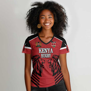 Custom Afro Kenya Rugby Women V-Neck T-Shirt African Lion Head