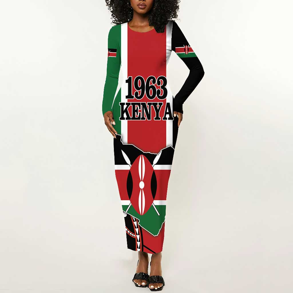 Personalized Jamhuri Day Long Sleeve Bodycon Dress Kenya Map With African Shield