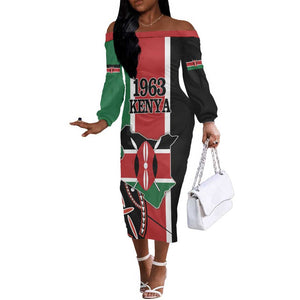 Personalized Jamhuri Day Off The Shoulder Long Sleeve Dress Kenya Map With African Shield