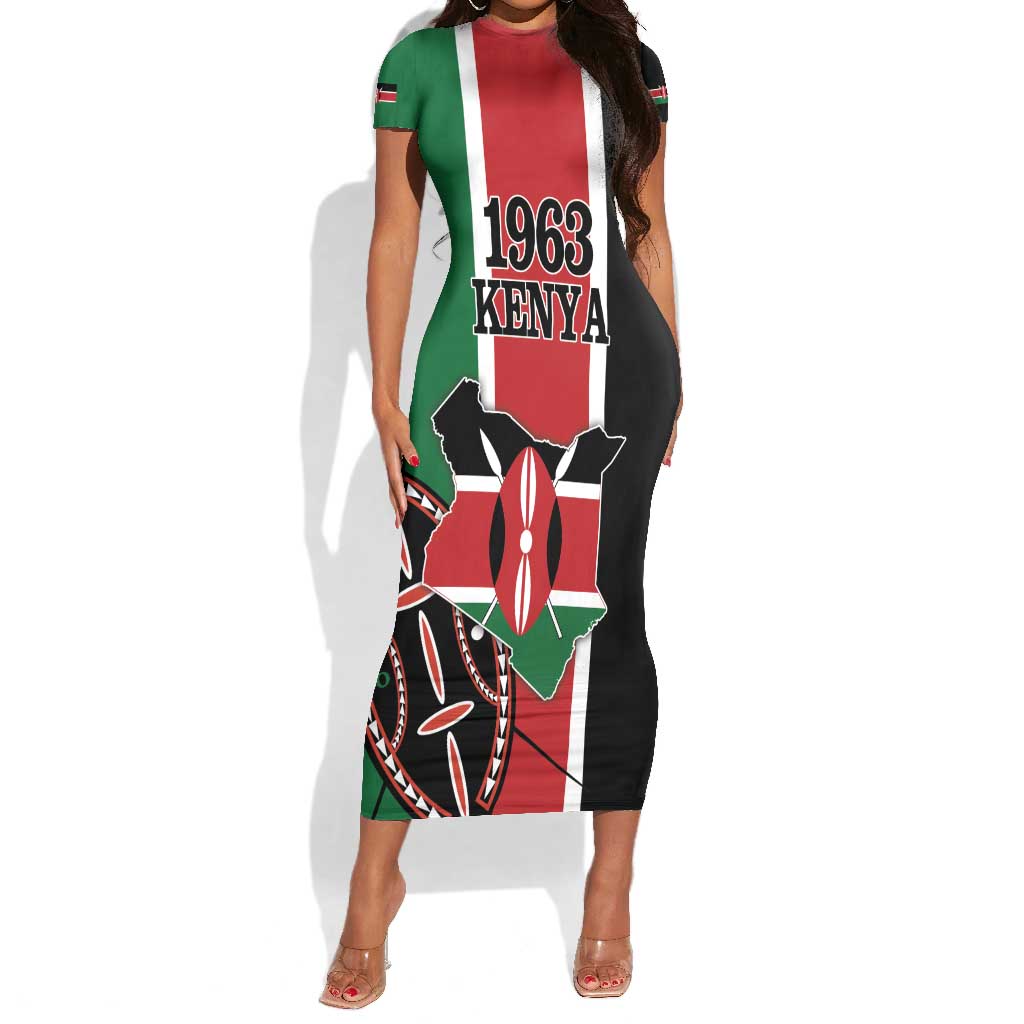 Personalized Jamhuri Day Short Sleeve Bodycon Dress Kenya Map With African Shield