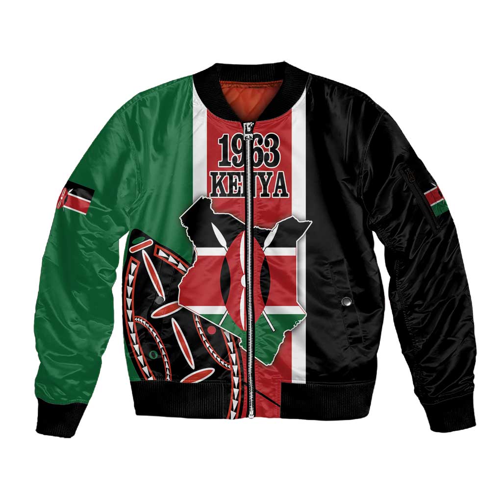 Personalized Jamhuri Day Sleeve Zip Bomber Jacket Kenya Map With African Shield