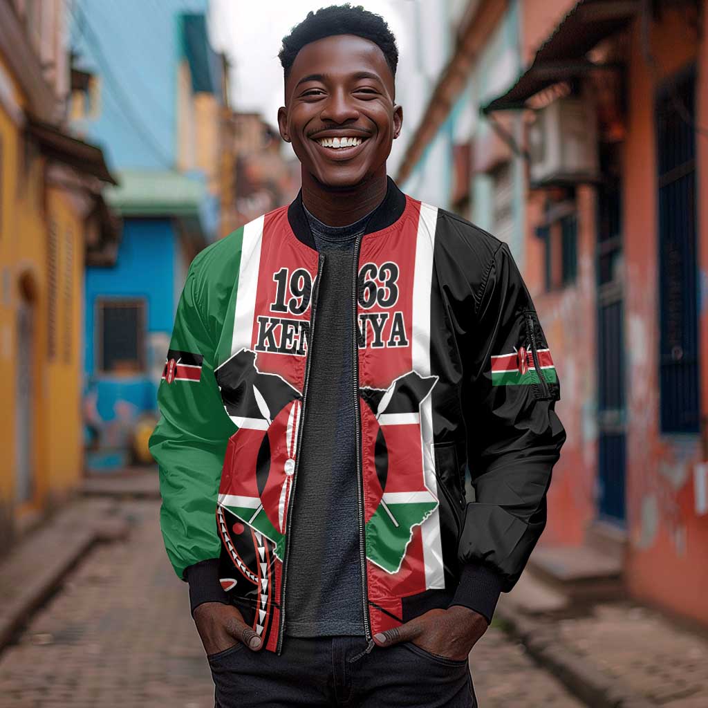 Personalized Jamhuri Day Sleeve Zip Bomber Jacket Kenya Map With African Shield