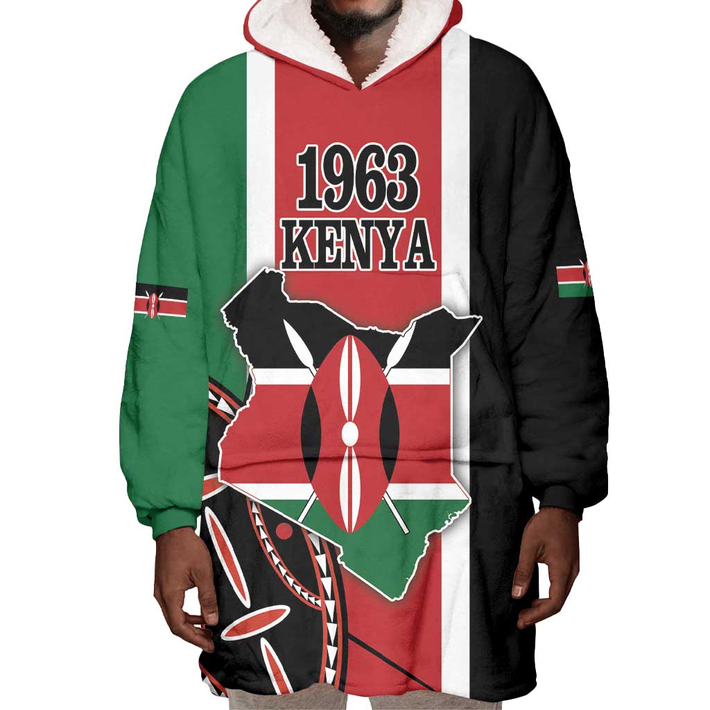 Personalized Jamhuri Day Wearable Blanket Hoodie Kenya Map With African Shield