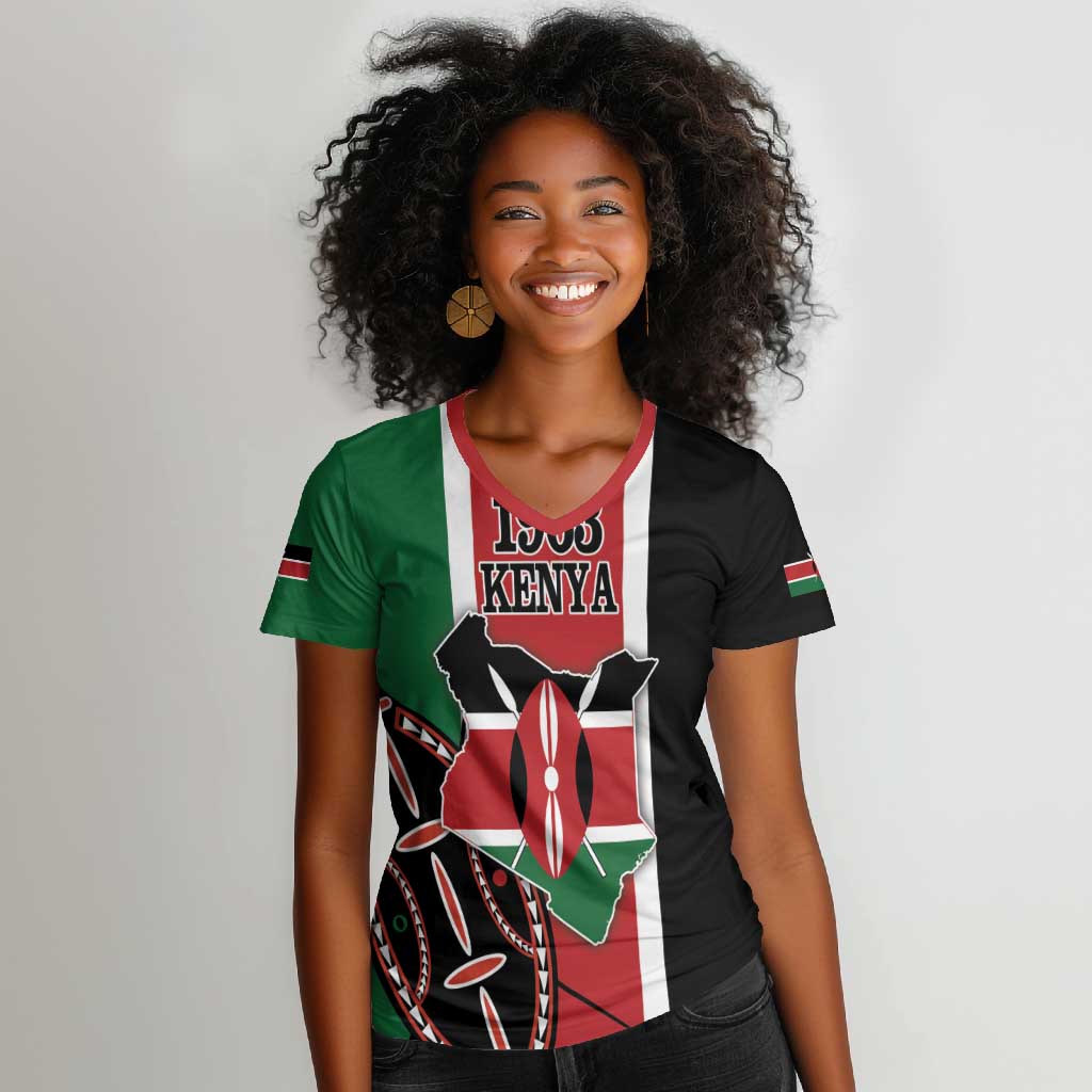 Personalized Jamhuri Day Women V-Neck T-Shirt Kenya Map With African Shield