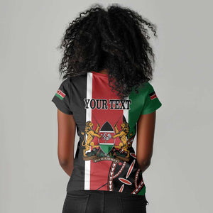 Personalized Jamhuri Day Women V-Neck T-Shirt Kenya Map With African Shield