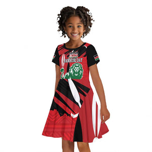 Personalized Jamhuri Day 1963 Kid Short Sleeve Dress Angry Lion With African Shield