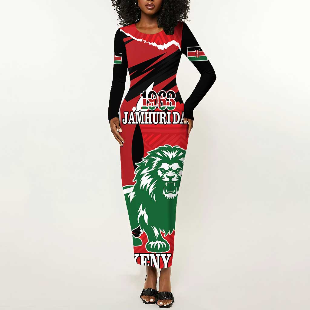 Personalized Jamhuri Day 1963 Long Sleeve Bodycon Dress Angry Lion With African Shield