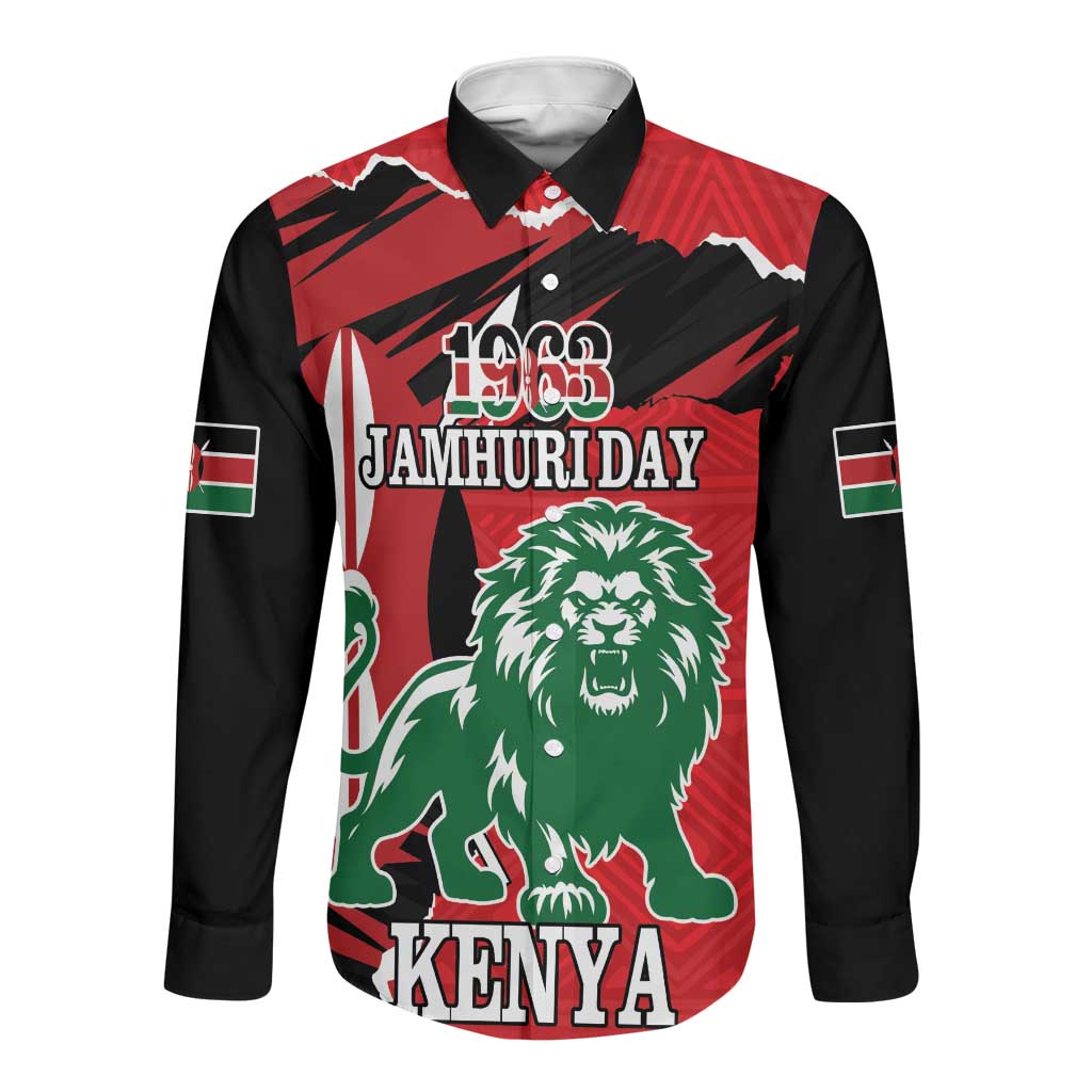 Personalized Jamhuri Day 1963 Long Sleeve Button Shirt Angry Lion With African Shield