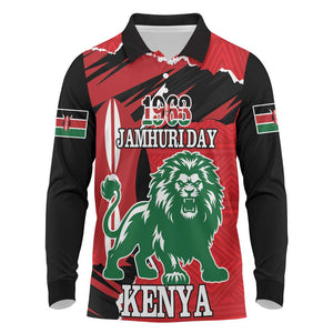 Personalized Jamhuri Day 1963 Long Sleeve Polo Shirt Angry Lion With African Shield