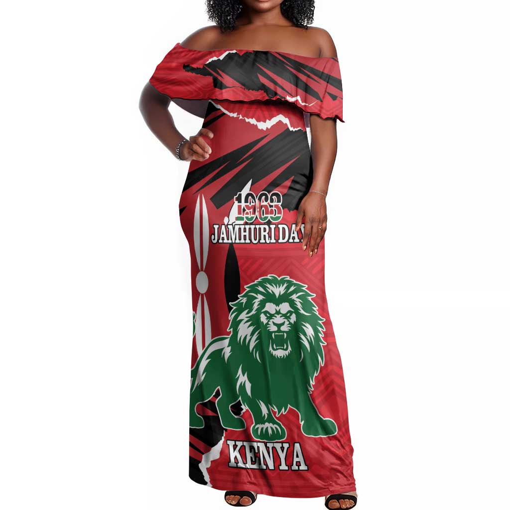 Personalized Jamhuri Day 1963 Off Shoulder Maxi Dress Angry Lion With African Shield