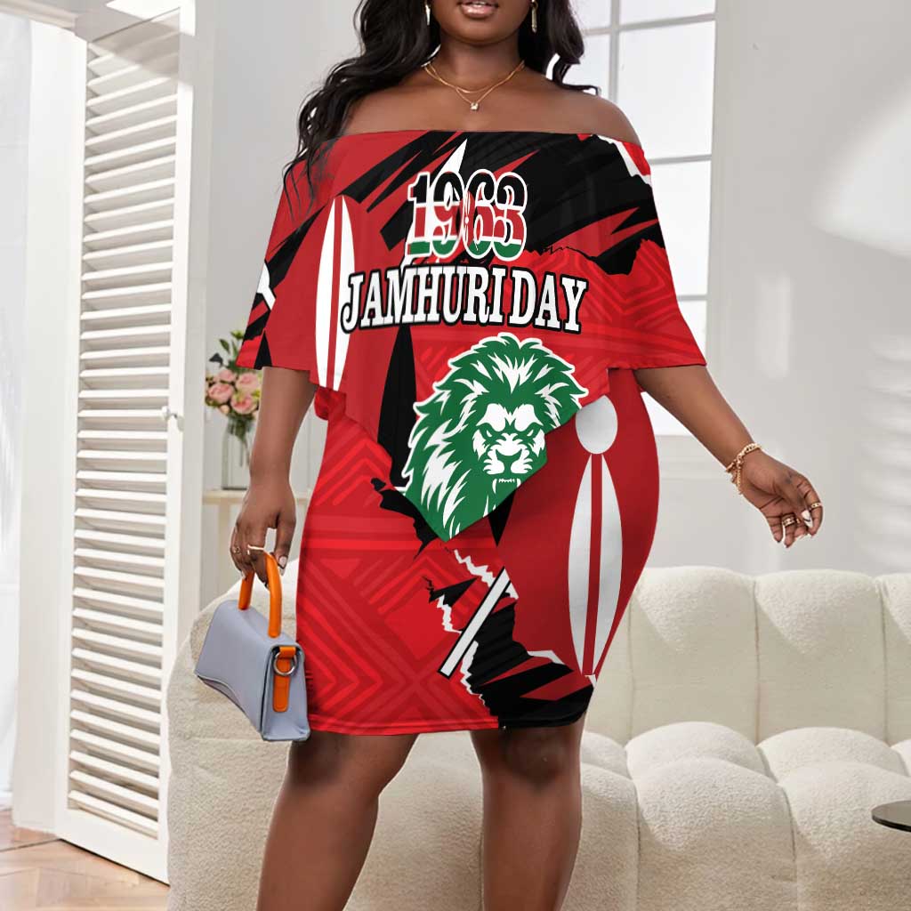 Personalized Jamhuri Day 1963 Off Shoulder Short Dress Angry Lion With African Shield