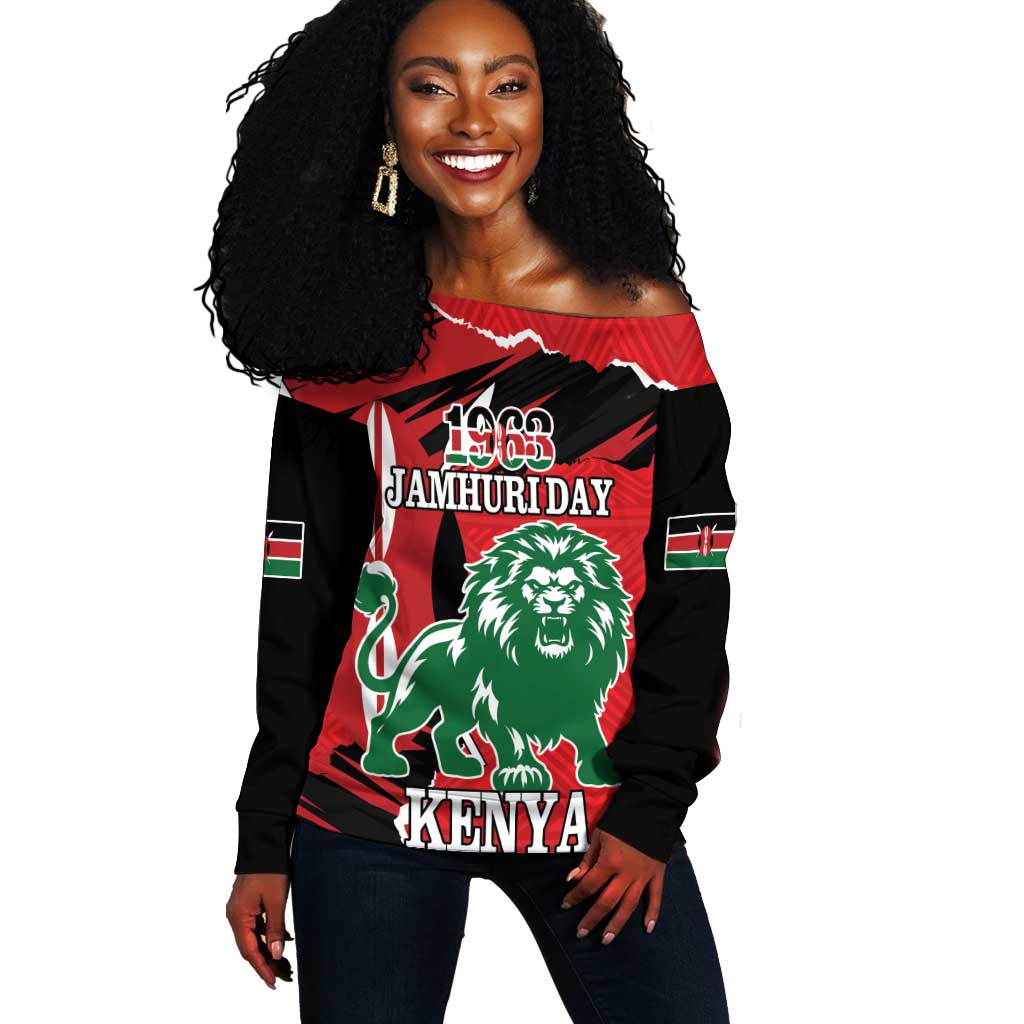 Personalized Jamhuri Day 1963 Off Shoulder Sweater Angry Lion With African Shield