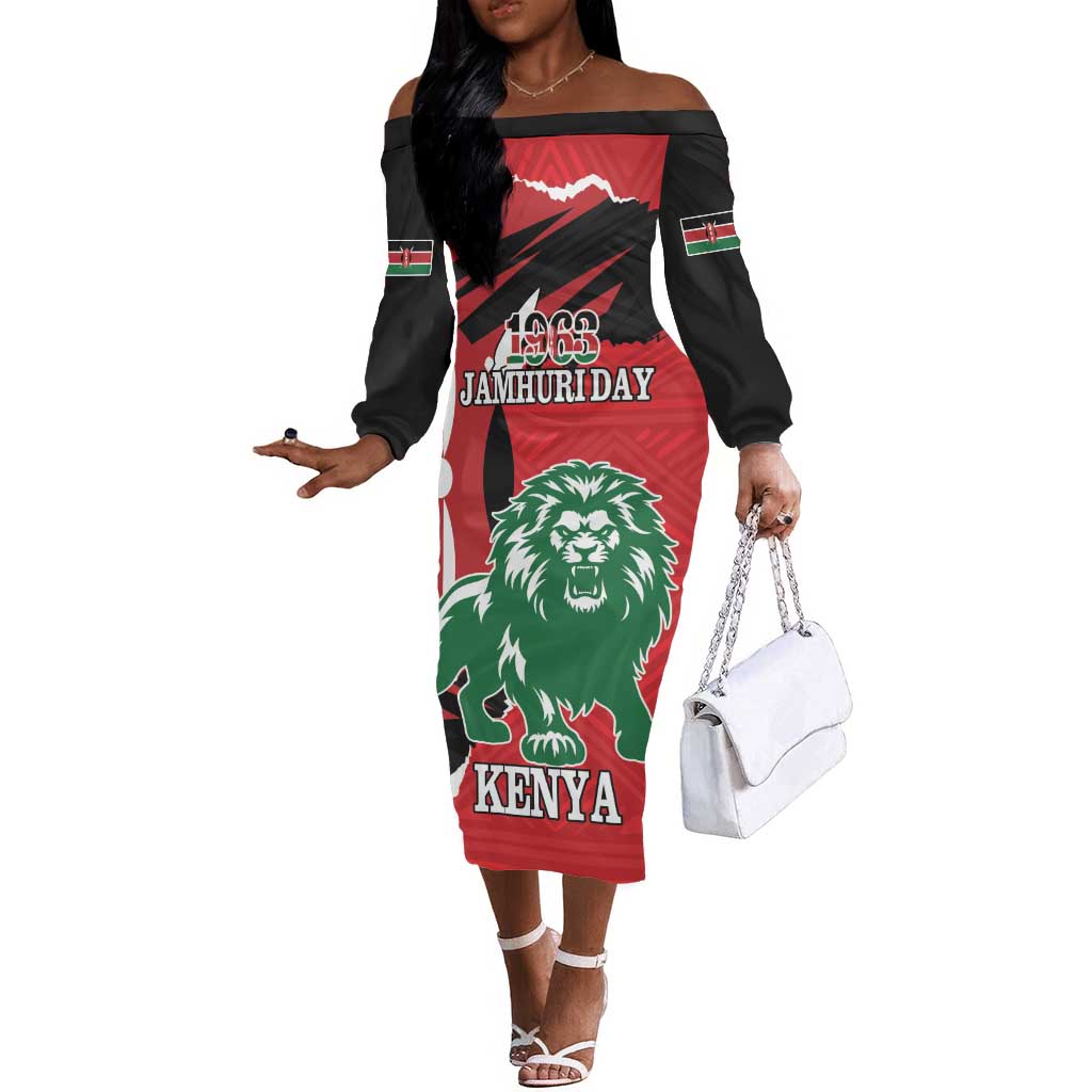 Personalized Jamhuri Day 1963 Off The Shoulder Long Sleeve Dress Angry Lion With African Shield