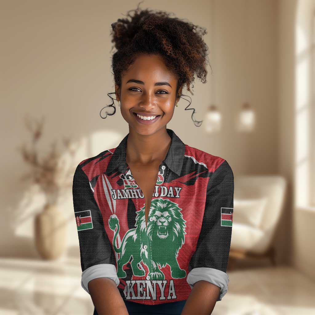 Personalized Jamhuri Day 1963 Women Casual Shirt Angry Lion With African Shield