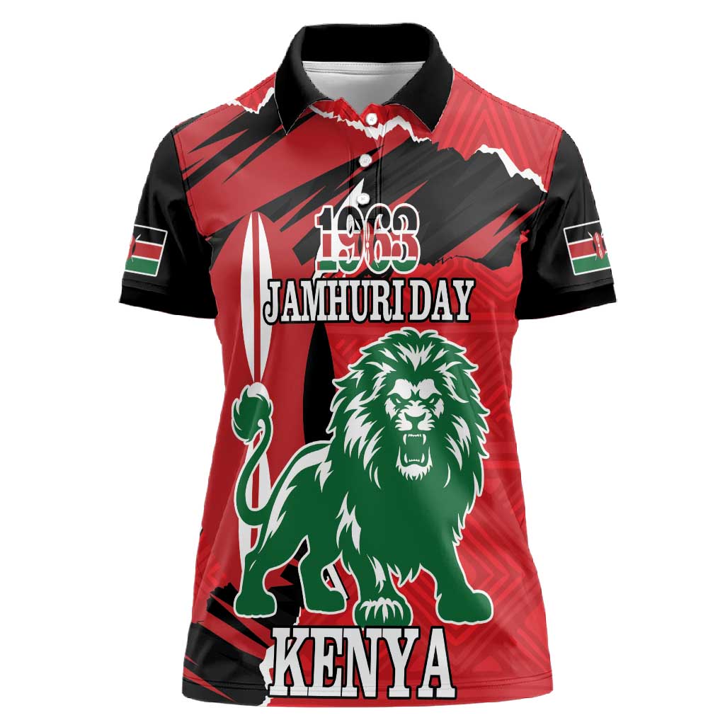 Personalized Jamhuri Day 1963 Women Polo Shirt Angry Lion With African Shield