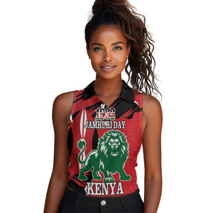 Personalized Jamhuri Day 1963 Women Sleeveless Polo Shirt Angry Lion With African Shield