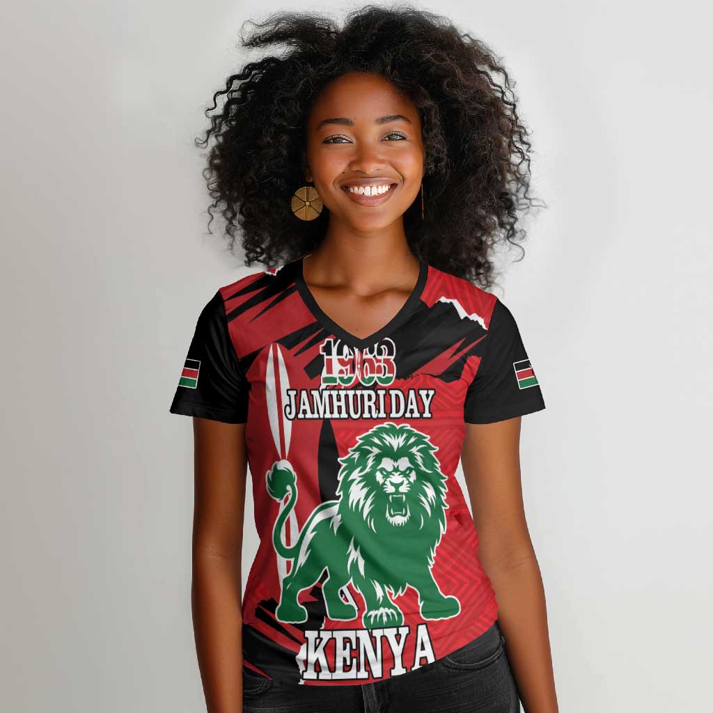 Personalized Jamhuri Day 1963 Women V-Neck T-Shirt Angry Lion With African Shield