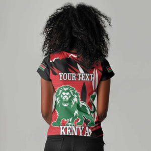 Personalized Jamhuri Day 1963 Women V-Neck T-Shirt Angry Lion With African Shield