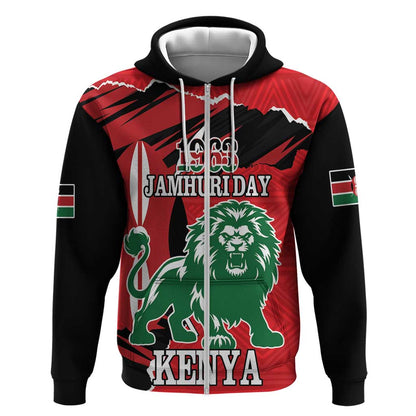 Personalized Jamhuri Day 1963 Zip Hoodie Angry Lion With African Shield