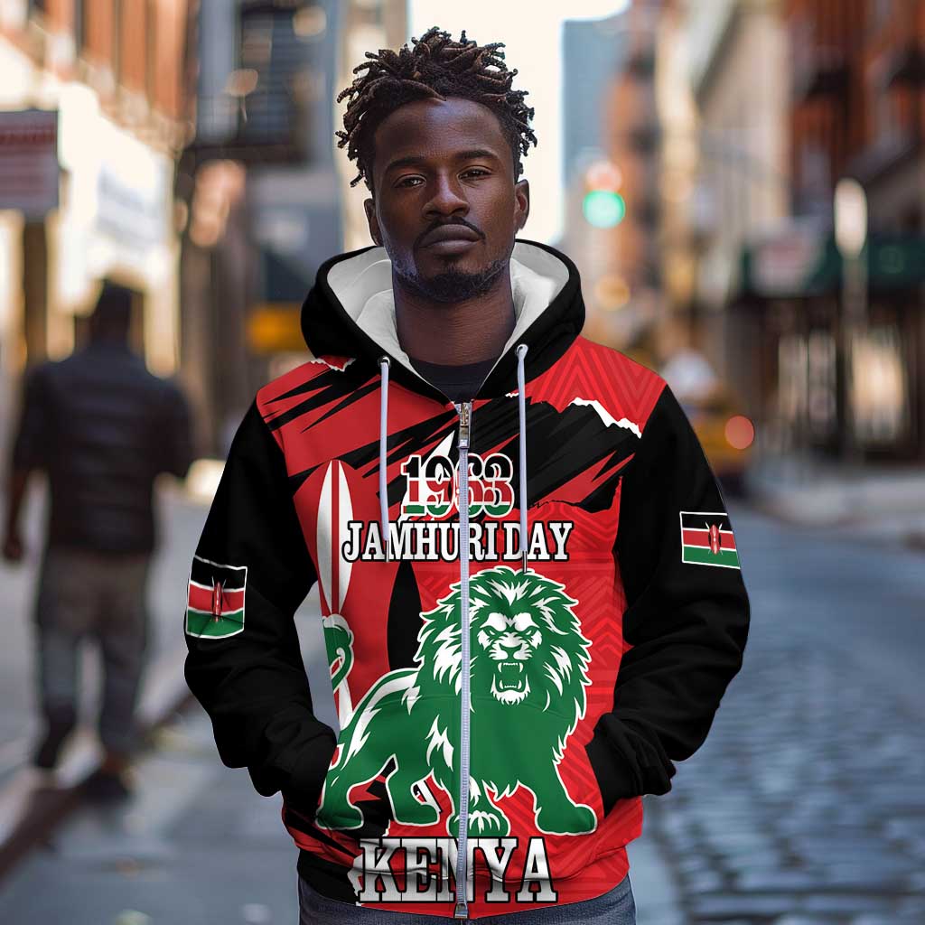 Personalized Jamhuri Day 1963 Zip Hoodie Angry Lion With African Shield