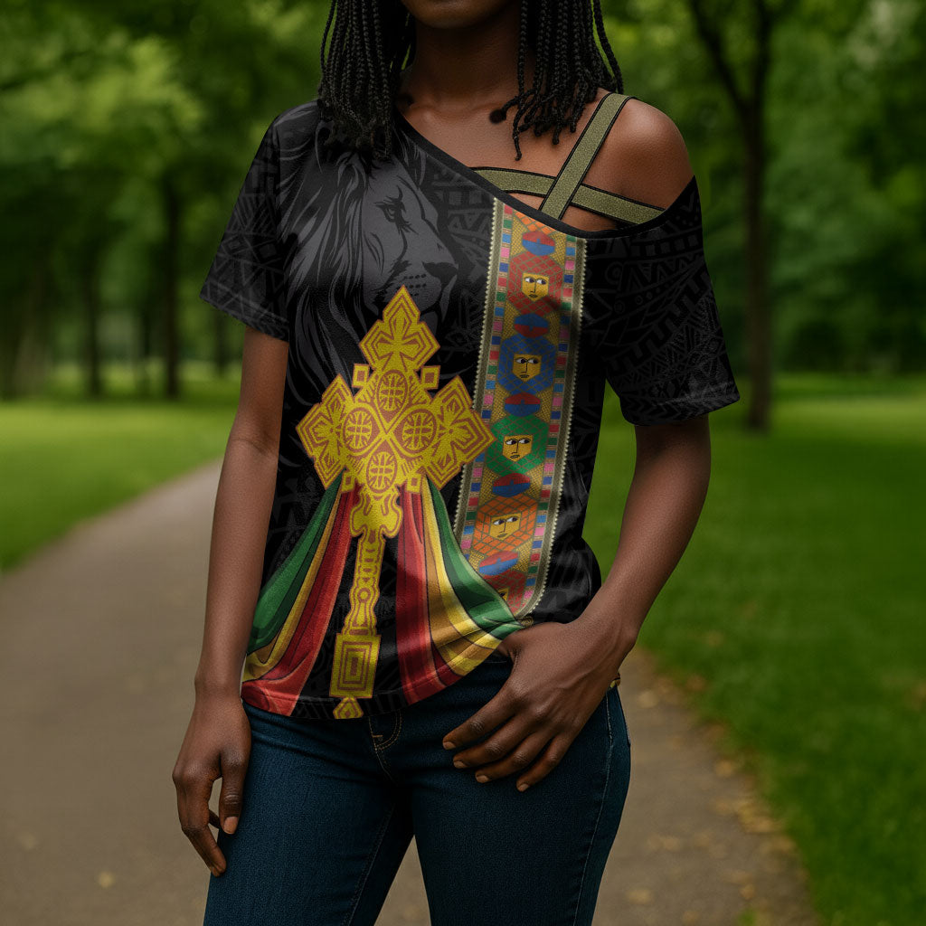 Ethiopia Lion Cross Cross Shoulder Shirt Habesha Heritage Style