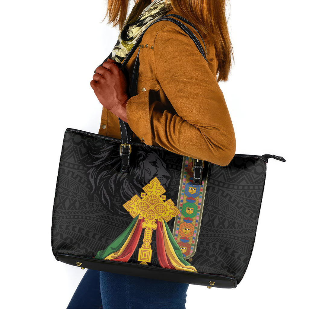 Ethiopia Lion Cross Leather Tote Bag Habesha Heritage Style