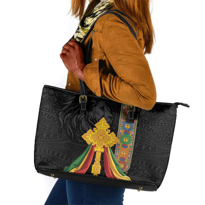 Ethiopia Lion Cross Leather Tote Bag Habesha Heritage Style