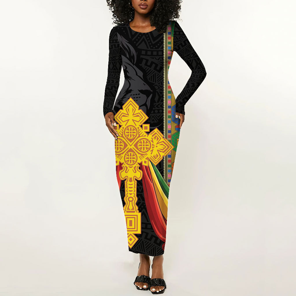 Ethiopia Lion Cross Long Sleeve Bodycon Dress Habesha Heritage Style