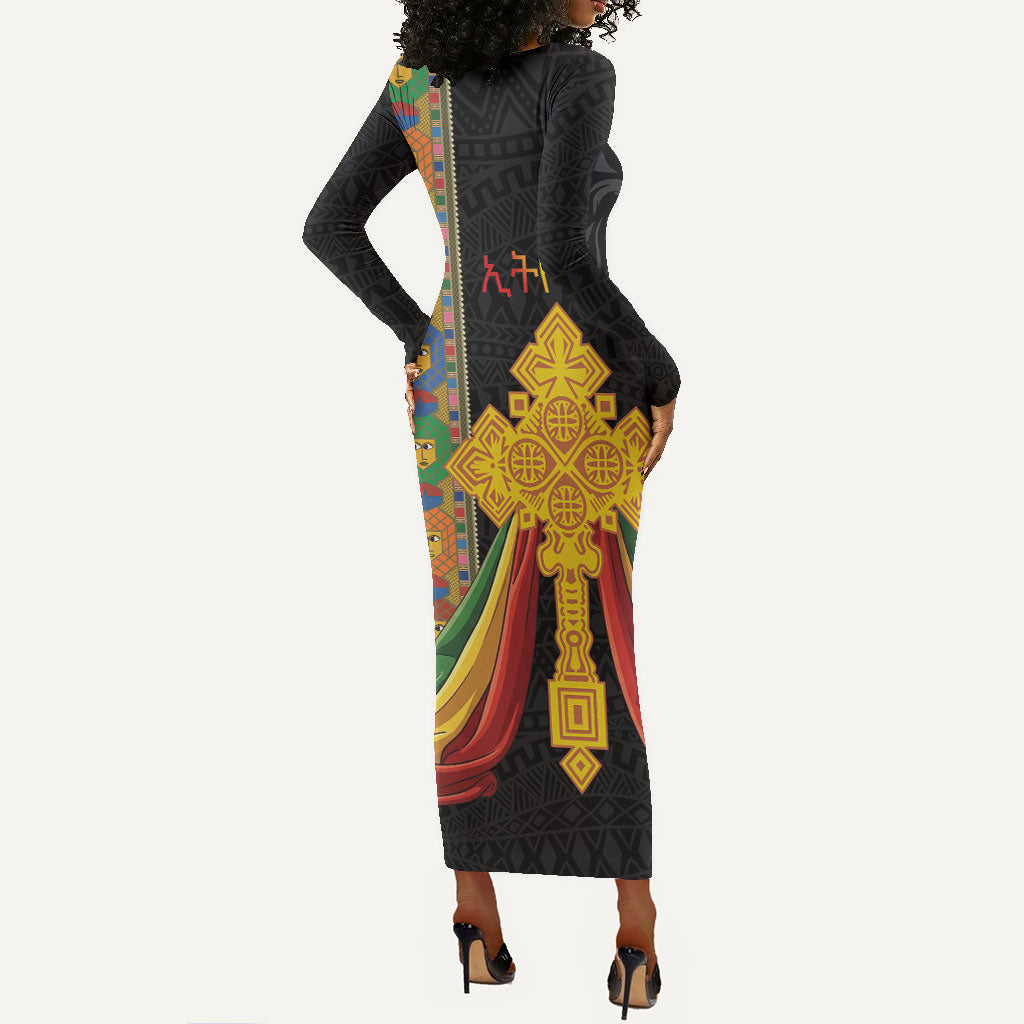 Ethiopia Lion Cross Long Sleeve Bodycon Dress Habesha Heritage Style