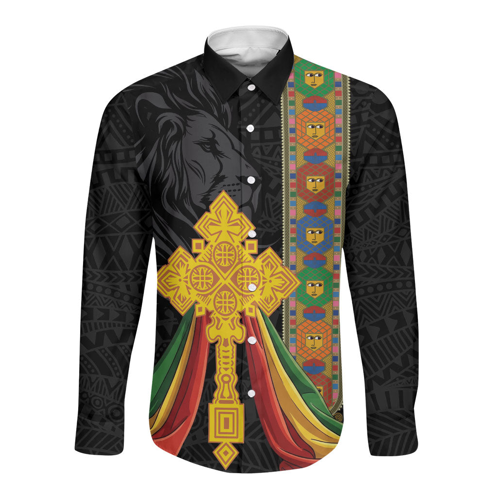 Ethiopia Lion Cross Long Sleeve Button Shirt Habesha Heritage Style