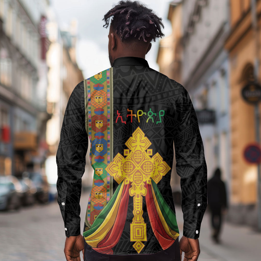 Ethiopia Lion Cross Long Sleeve Button Shirt Habesha Heritage Style