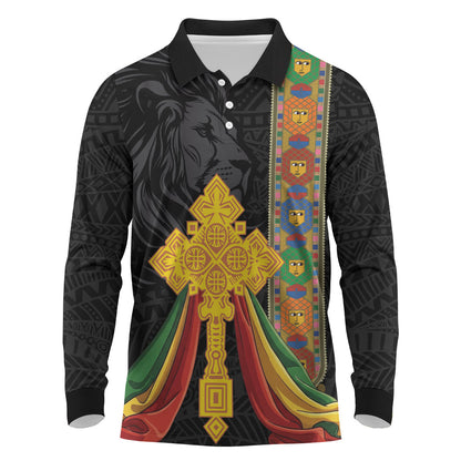 Ethiopia Lion Cross Long Sleeve Polo Shirt Habesha Heritage Style