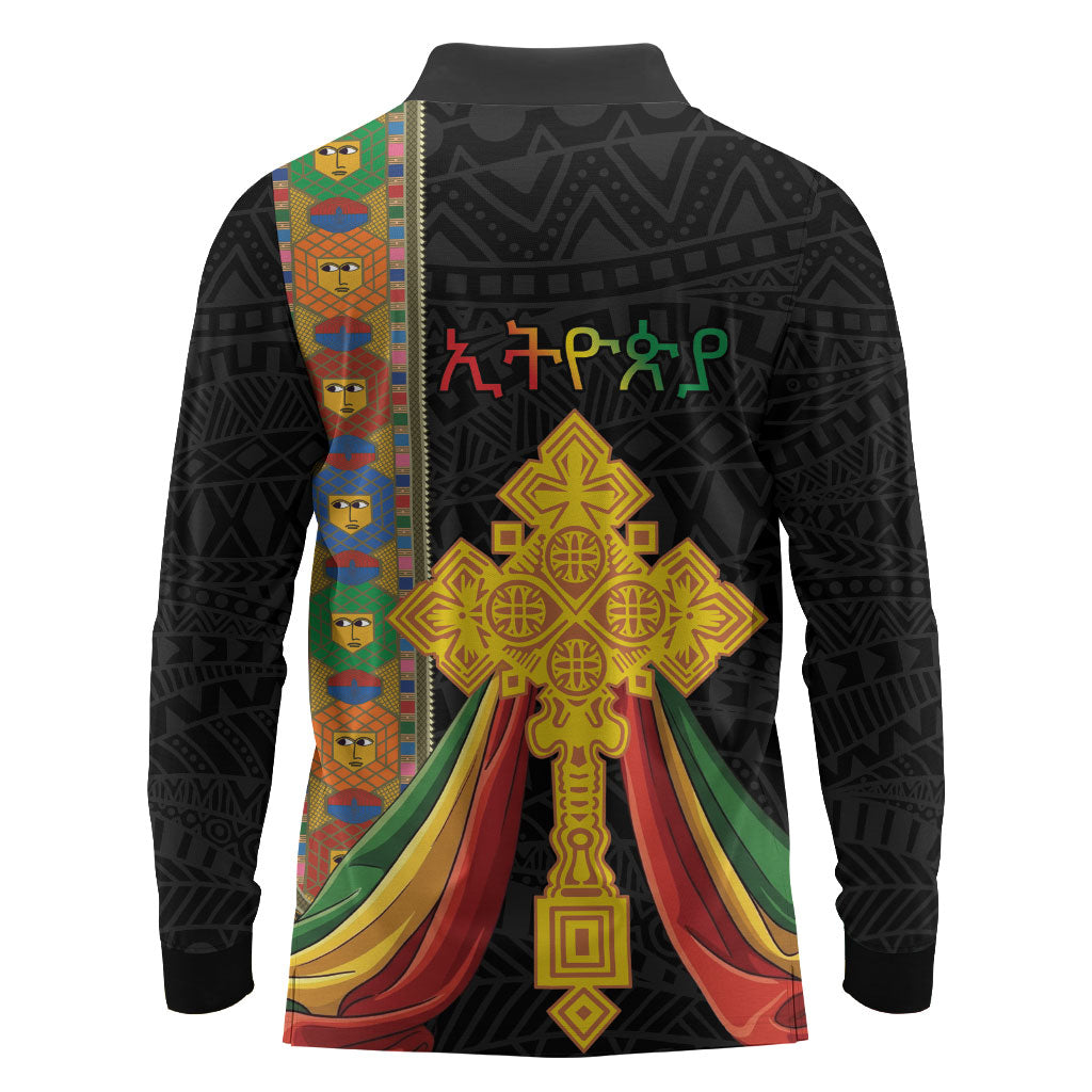 Ethiopia Lion Cross Long Sleeve Polo Shirt Habesha Heritage Style