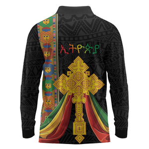 Ethiopia Lion Cross Long Sleeve Polo Shirt Habesha Heritage Style