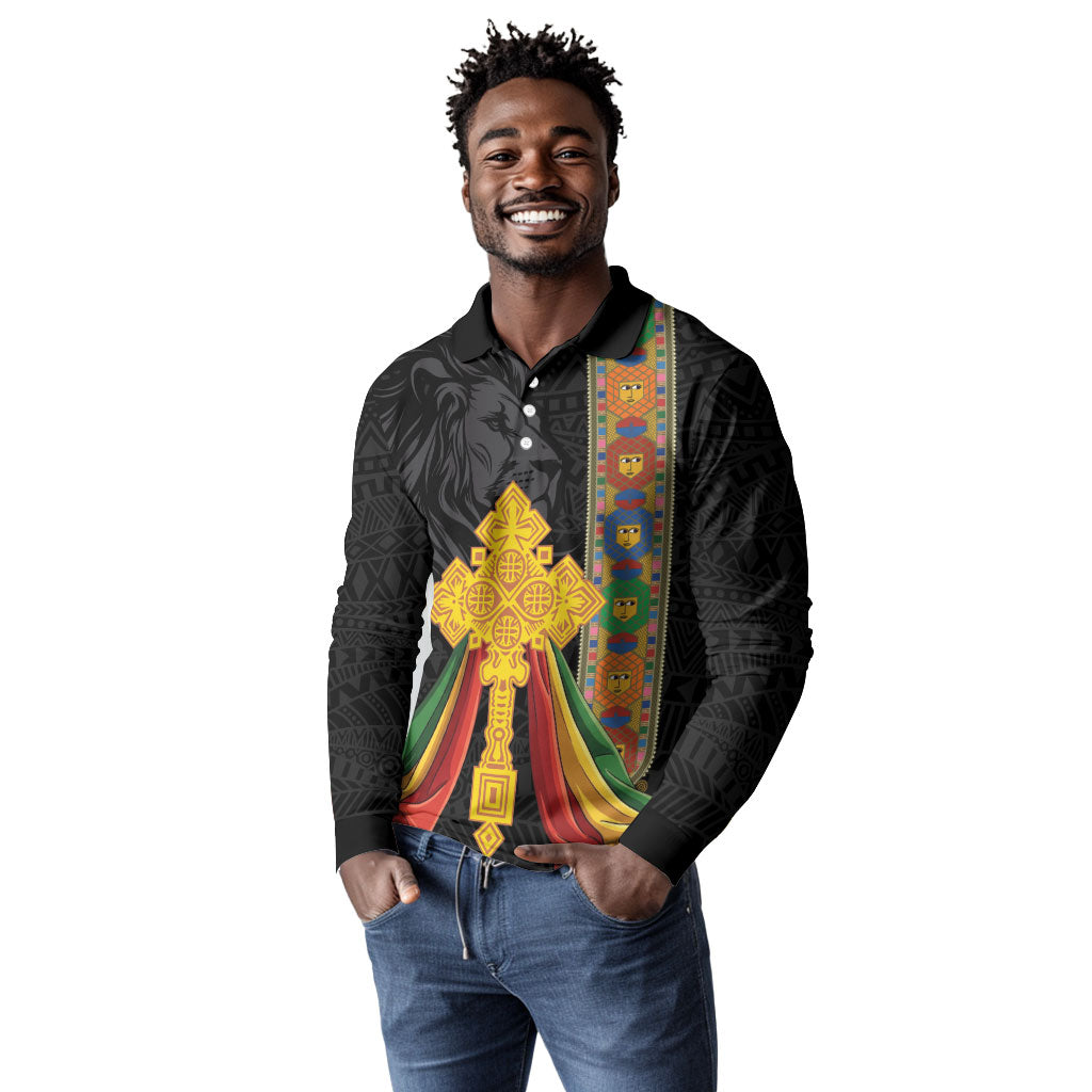 Ethiopia Lion Cross Long Sleeve Polo Shirt Habesha Heritage Style