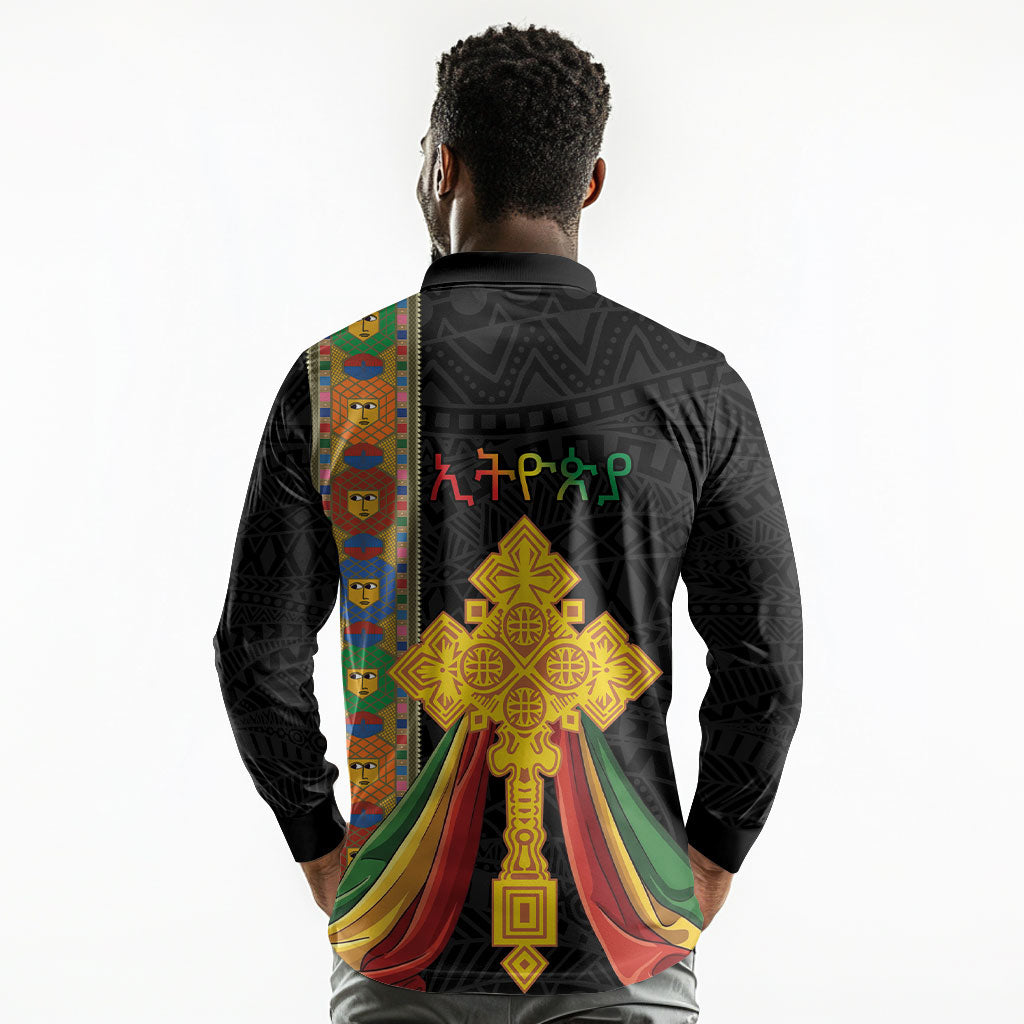 Ethiopia Lion Cross Long Sleeve Polo Shirt Habesha Heritage Style