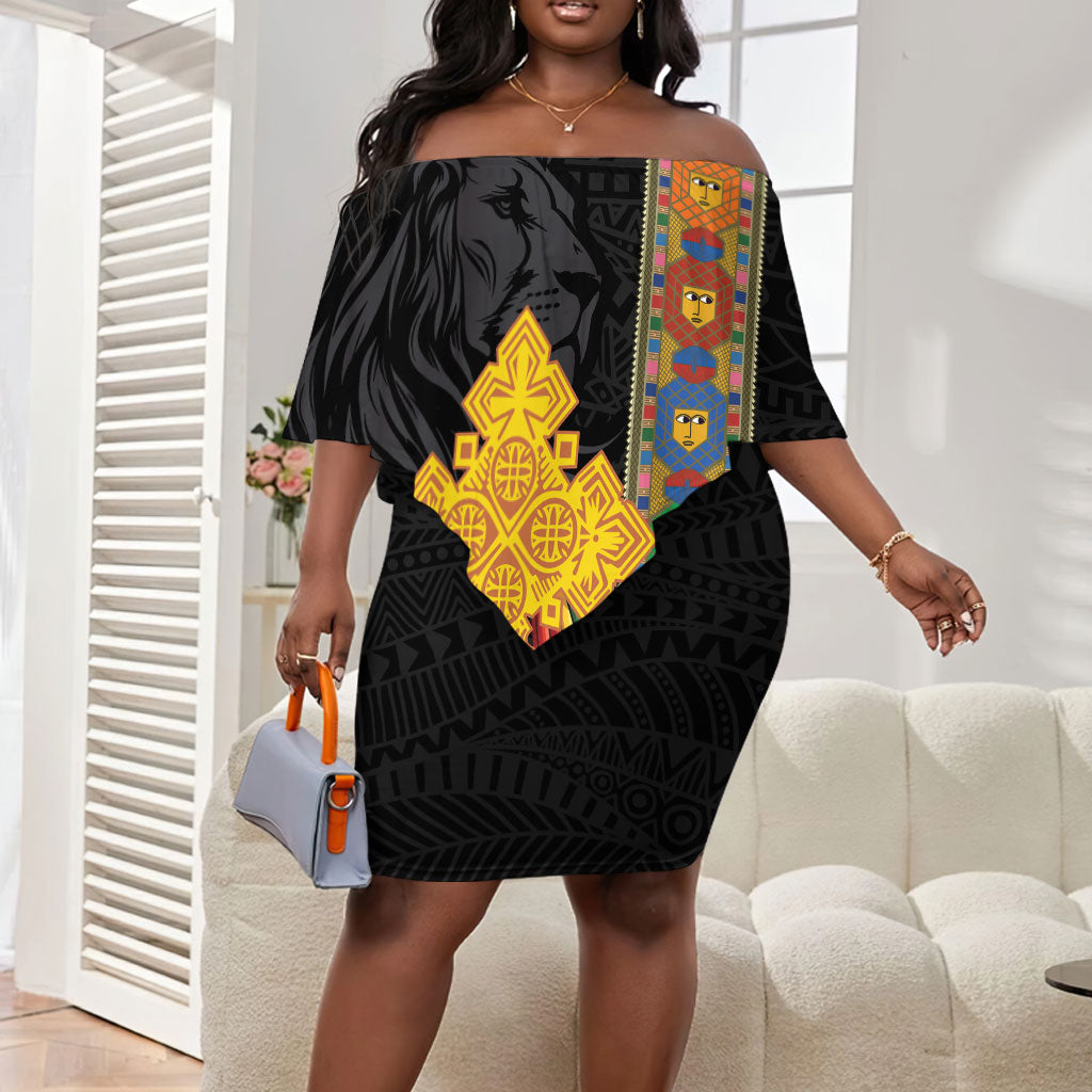 Ethiopia Lion Cross Off Shoulder Short Dress Habesha Heritage Style