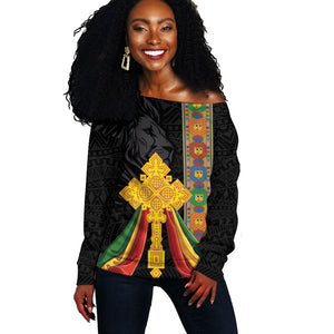 Ethiopia Lion Cross Off Shoulder Sweater Habesha Heritage Style
