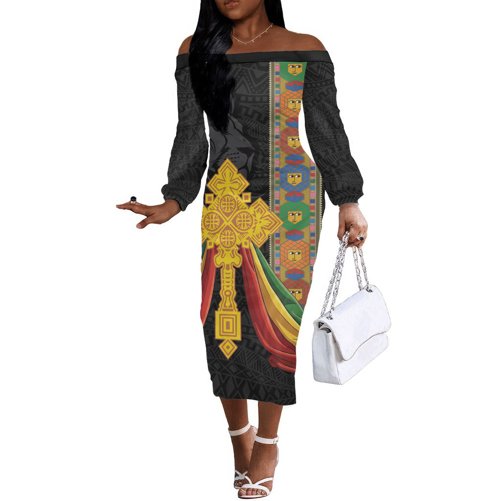 Ethiopia Lion Cross Off The Shoulder Long Sleeve Dress Habesha Heritage Style