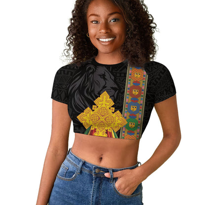 Ethiopia Lion Cross Raglan Cropped T shirt Habesha Heritage Style