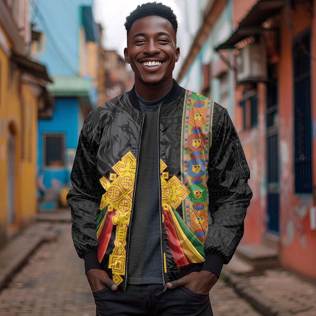 Ethiopia Lion Cross Sleeve Zip Bomber Jacket Habesha Heritage Style