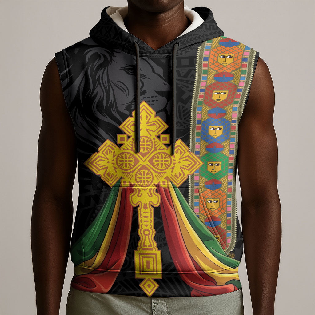 Ethiopia Lion Cross Sleeveless Hoodie Habesha Heritage Style