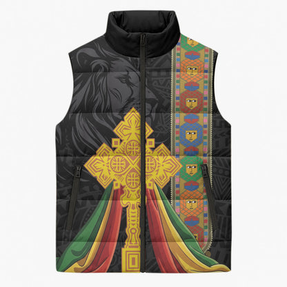 Ethiopia Lion Cross Sleeveless Puffer Jacket Habesha Heritage Style