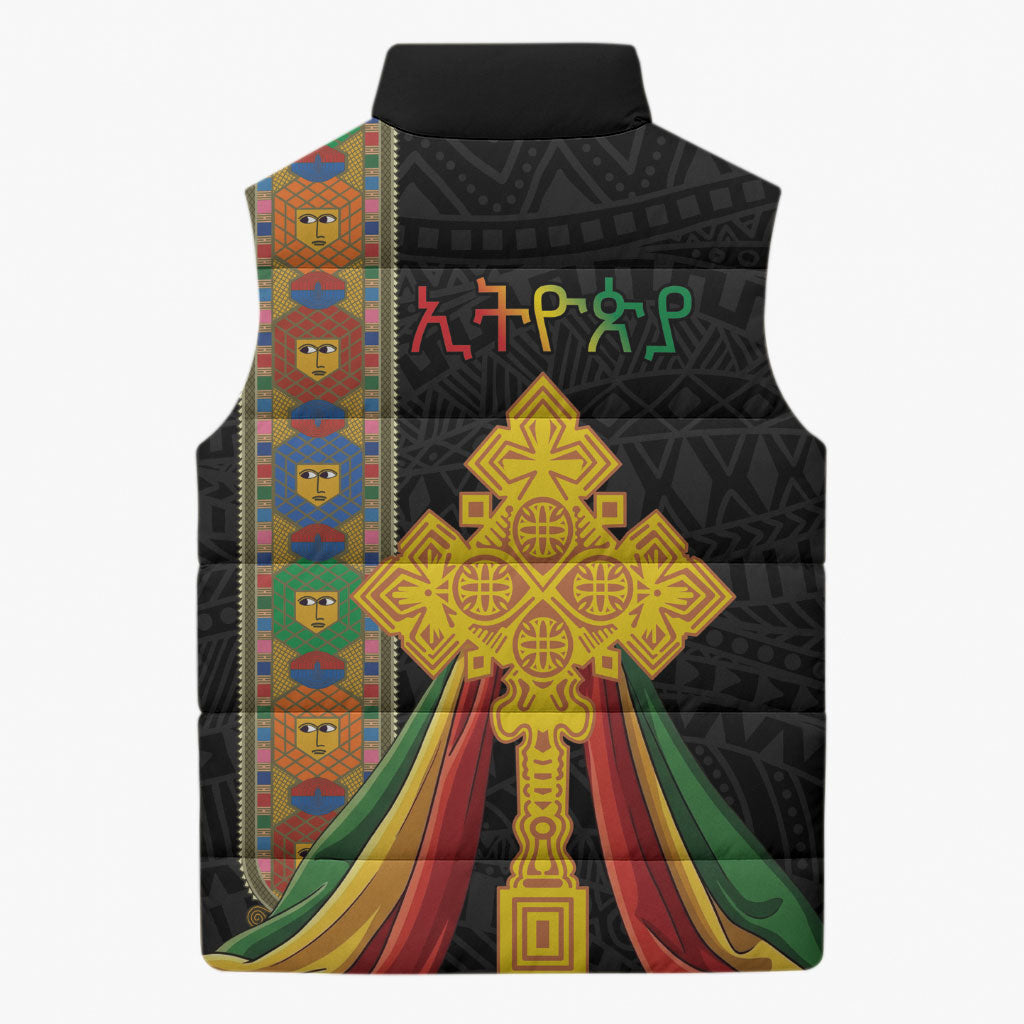 Ethiopia Lion Cross Sleeveless Puffer Jacket Habesha Heritage Style