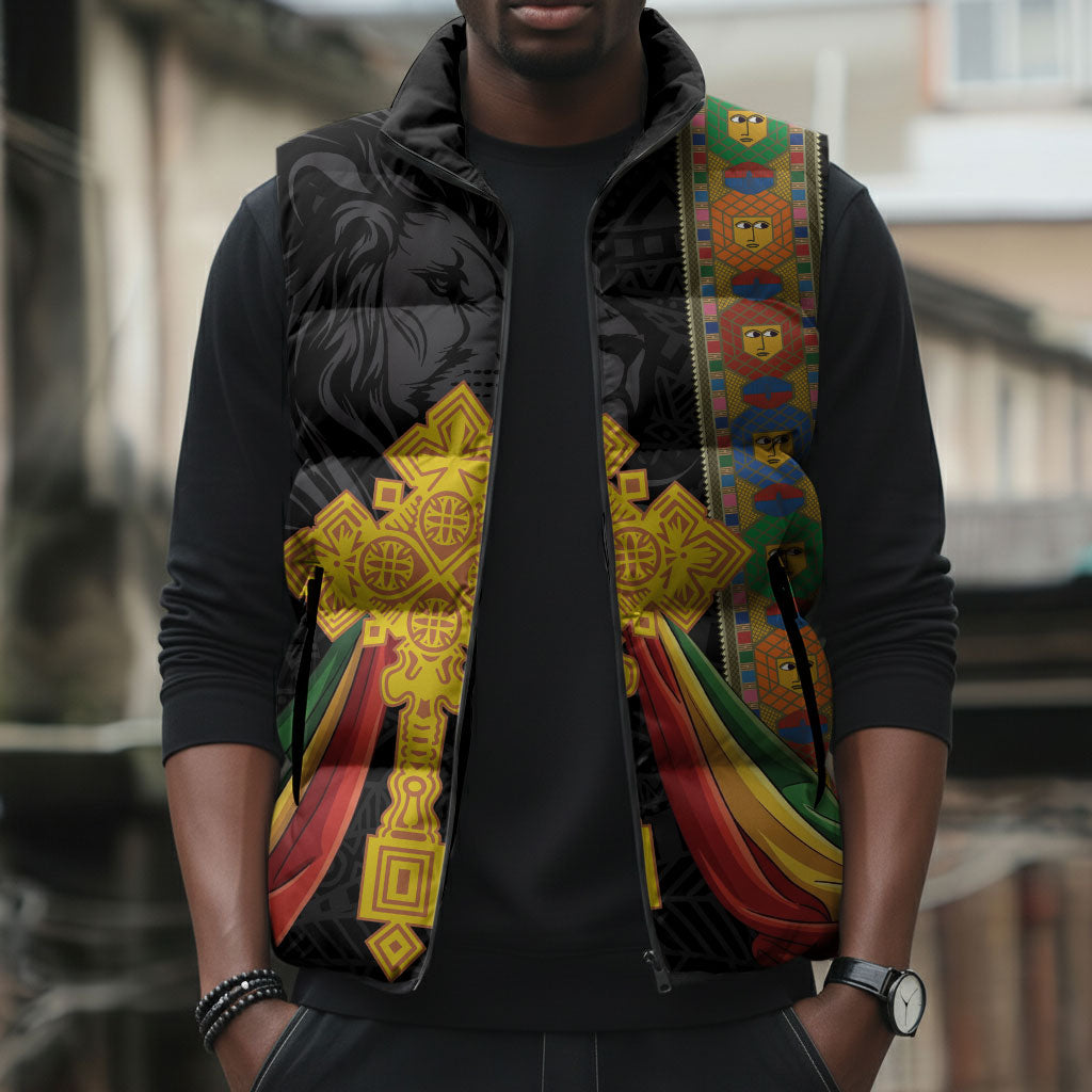 Ethiopia Lion Cross Sleeveless Puffer Jacket Habesha Heritage Style